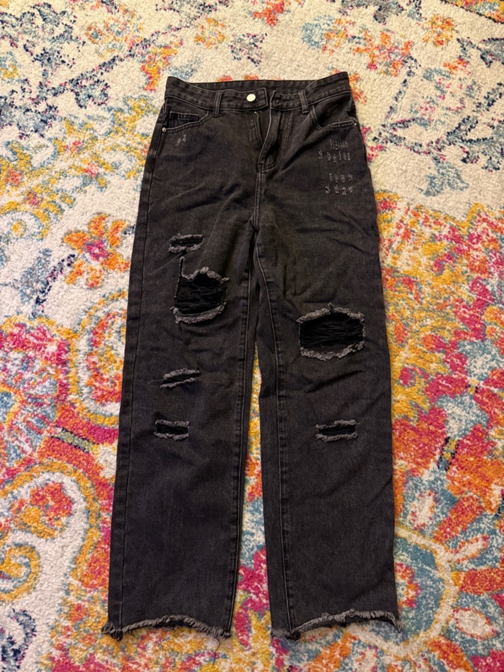 Black Distressed Straight-Leg Jeans